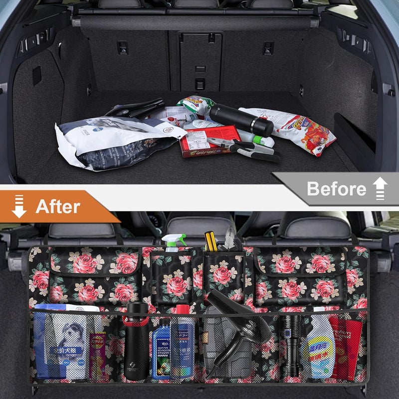 esouler Car Trunk Organizer, Super Capacity Backseat Car Organizer for SUV/Truck/MPV(42"*18"), Hanging Car Storage Organizer with 8 Pocekts, Car Accessories for Women and Men- Floral - Image 4